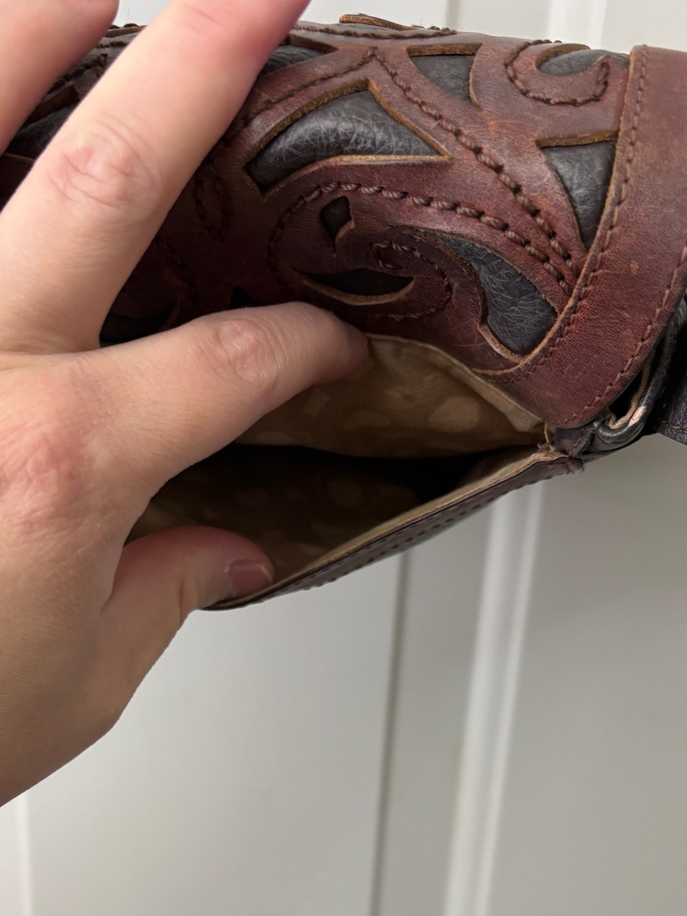 Brighton Brown and Dark-Brown Leather Crossbody with Decorative Cutwork - Picture 4 of 9